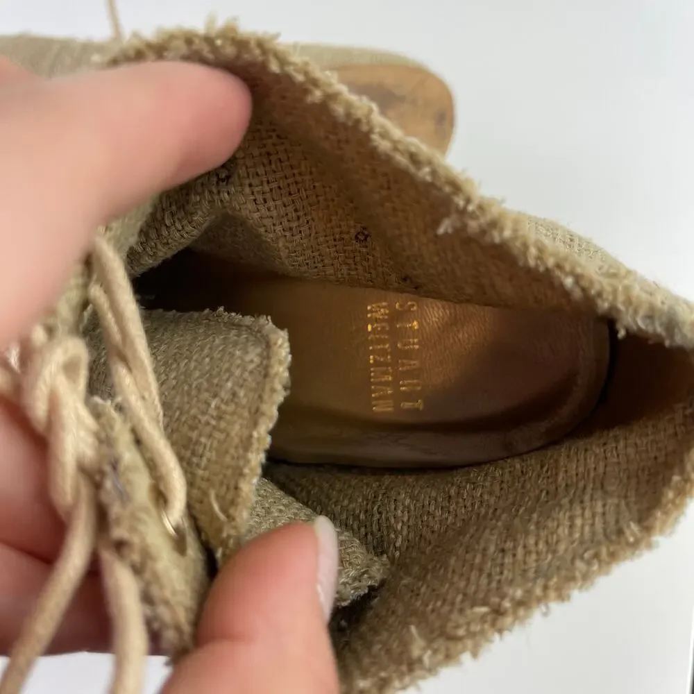 Stuart Weitzman Raffia Wood Heel Lace Up Wedge Heel Ankle Booties Size 8